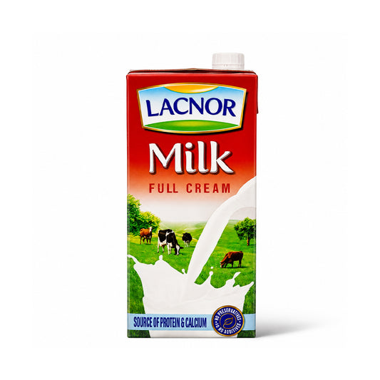 A carton of LACNOR Full Cream Milk. The packaging features a red top half with the brand logo, a white middle with the word 'Milk', and a green pastoral scene with cows at the bottom.
