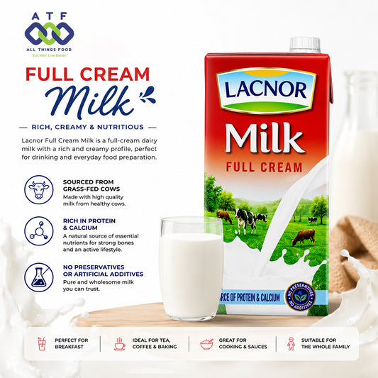 Lacnor Full Cream Milk carton with text callouts, a glass of milk, and cows in a field. The Lacnor carton is red, white, and green, and the image also includes the ATF All Things Food logo.