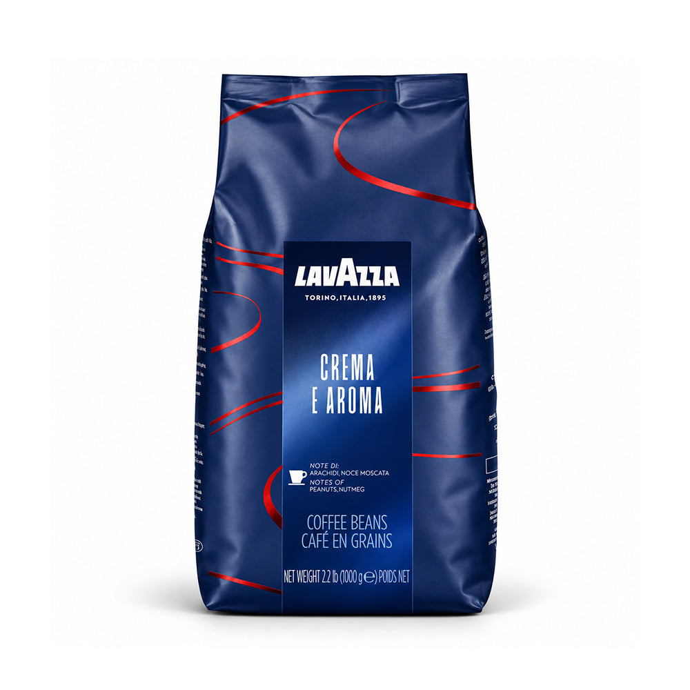 A bag of Lavazza Crema e Aroma coffee beans in a dark blue packaging with red curved accents and a central blue label.