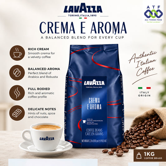 Lavazza Crema e Aroma coffee beans in a dark blue 1kg bag, displayed with a white cup of coffee on a saucer, scattered coffee beans, and promotional text on a light background.
