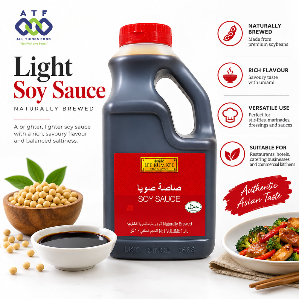 A 1.9L plastic bottle of LKK Light Soy Sauce centered, surrounded by food props including soybeans, a bowl of dark soy sauce, green leaves, and a plated dish.