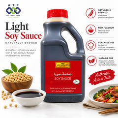 A 1.9L plastic bottle of LKK Light Soy Sauce centered, surrounded by food props including soybeans, a bowl of dark soy sauce, green leaves, and a plated dish.