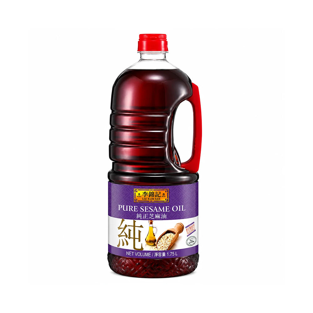 A 1.15L plastic bottle of Pure Sesame Oil by Li Nong Ji, featuring a purple label with gold and white text, a red cap, and a red handle.