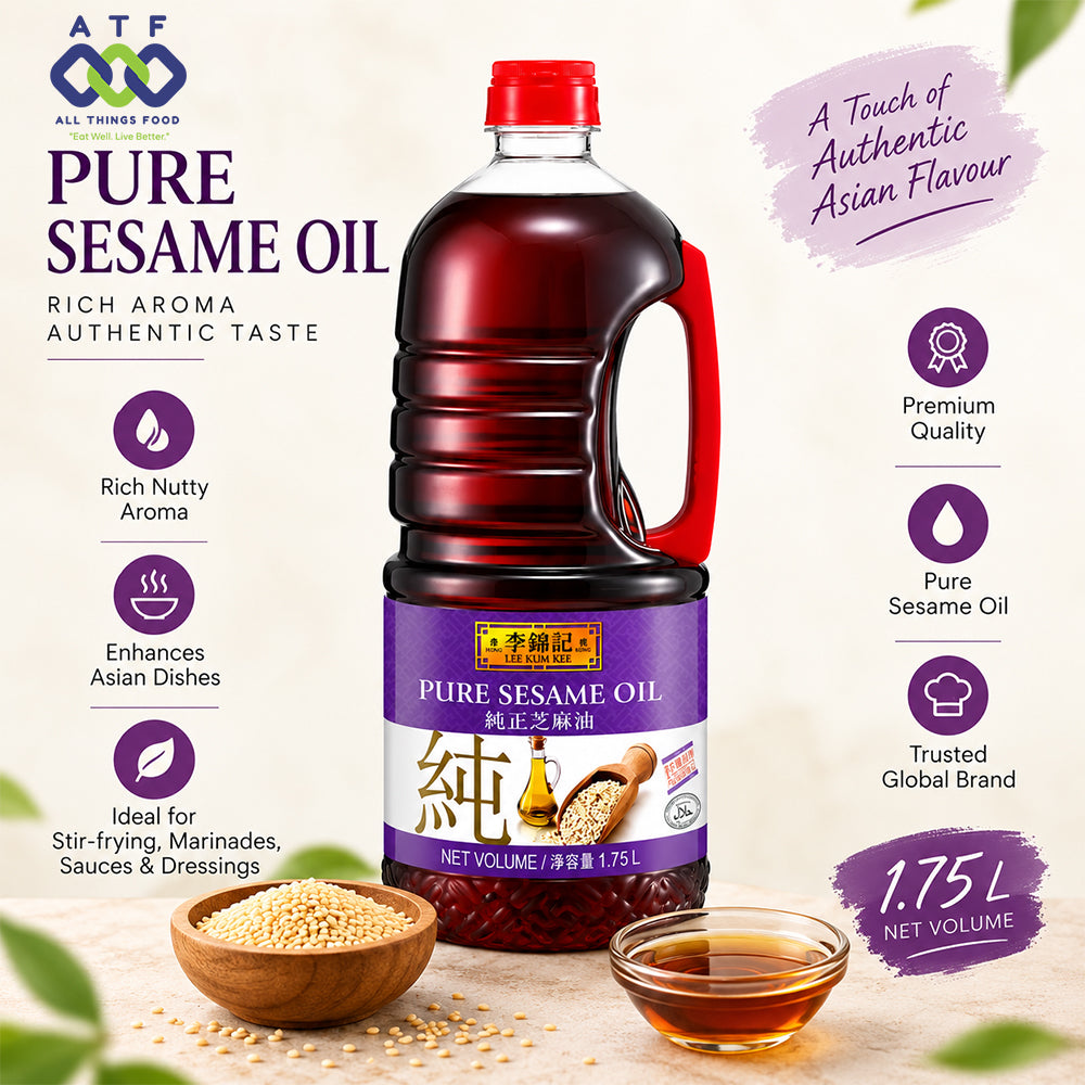 A 1.75L bottle of Pure Sesame Oil by Li Jin Ji, featuring a purple label and red cap, displayed with a wooden bowl of sesame seeds and a small glass of golden oil with promotional text and icons.