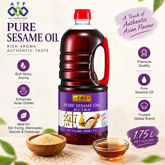 A 1.75L bottle of Pure Sesame Oil by Li Jin Ji, featuring a purple label and red cap, displayed with a wooden bowl of sesame seeds and a small glass of golden oil with promotional text and icons.