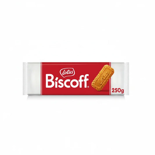 A 250g package of Lotus Biscoff biscuits, featuring a classic red and white wrapper with a golden-brown biscuit illustration.