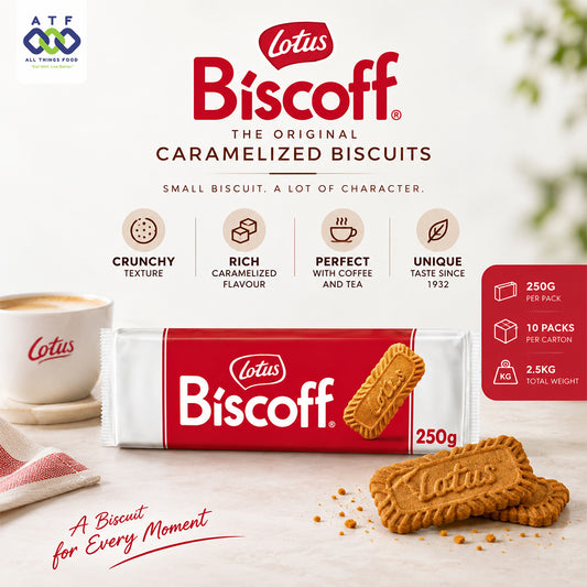 A package of Lotus Biscoff caramelized biscuits with a cup of tea, loose biscuits, and product feature icons. The package is red and white with the Lotus Biscoff logo, and several biscuits are displayed in front.