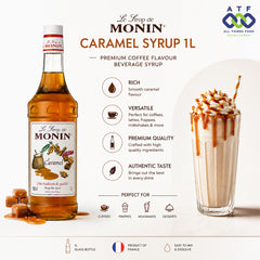 A bottle of Le Le Soup de Monin Caramel Syrup 1L shown with product information, flavor benefits, and a milkshake topped with caramel syrup. The ATF All Things Food logo appears in the top right.