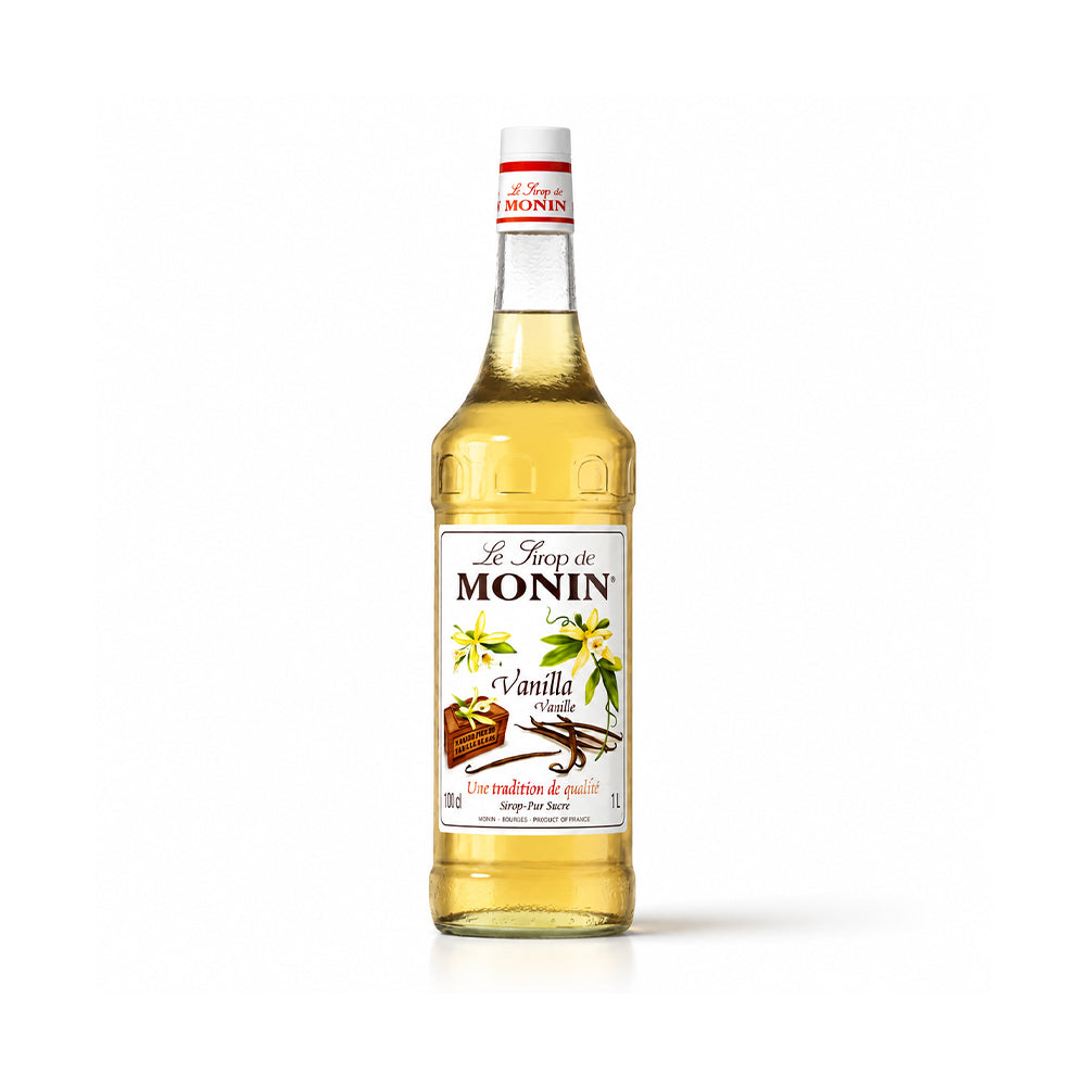 A bottle of Le Sieur du MONIN Vanilla Extract syrup, filled with golden-yellow liquid