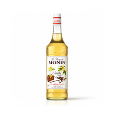 A bottle of Le Sieur du MONIN Vanilla Extract syrup, filled with golden-yellow liquid