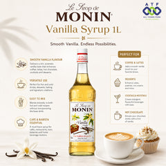 Le Sirop de Monin Vanilla Syrup 1L bottle centered on a styled beige background with coffee and vanilla props. The image includes product text callouts, a logo in the top right, and a cup of latte and a vanilla-topped cupcake at the bottom right.