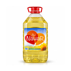 A 5-liter plastic bottle of Nawar Pure Sunflower Oil with a red cap and handle, featuring a blue and orange label with a sunflower graphic