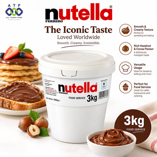 A 3kg tub of Ferrero Nutella spread, with food styling including toast, strawberries, hazelnuts, and a bowl of Nutella. Text highlights the iconic taste and versatile usage of the spread.