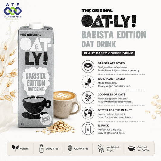 A 1L carton of Oatly! Barista Edition oat drink coffee drink shown with text callouts, a cup of coffee, oats, and branding. The carton is light gray with black and white graphics, and the surrounding design includes feature icons and a row of product benefits at the bottom.