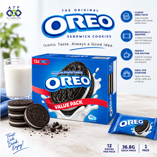 A box of Oreo Value Pack sandwich cookies shown on a light tabletop with several cookies and a glass of milk beside it. The package is blue with large white Oreo branding and a red value-pack banner.