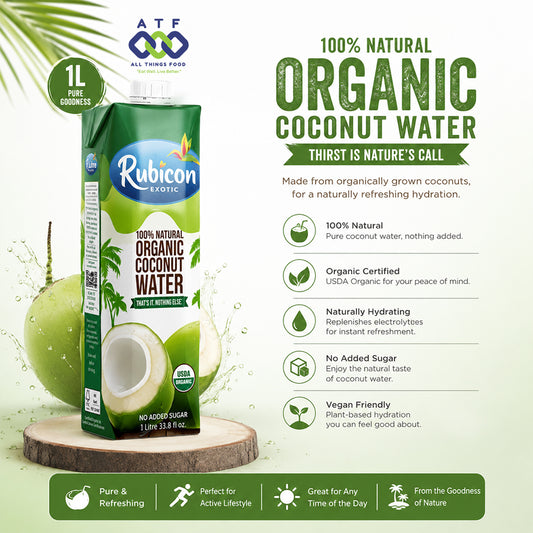 A 1L carton of Rubicon Exotic Organic Coconut Water on a light green promotional background with coconuts, text callouts, and feature icons.
