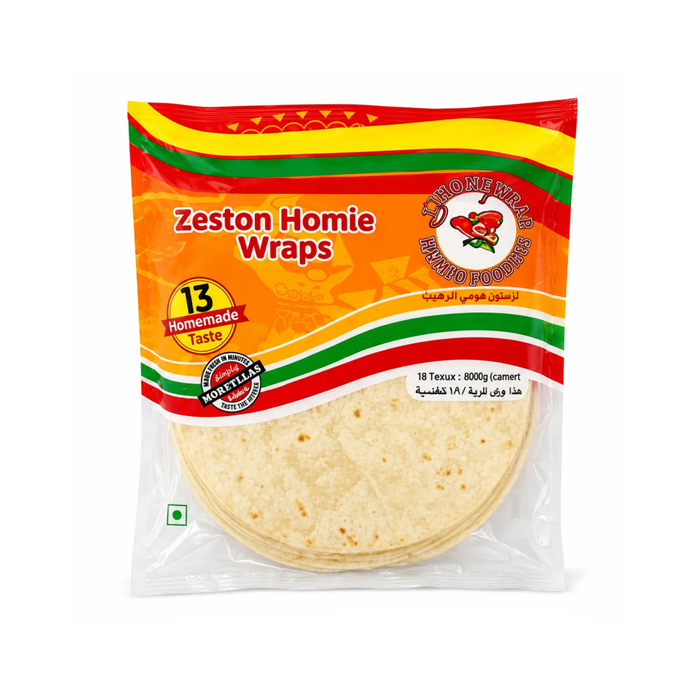 A package of Zeston Homie Wraps, showing 18 tortillas inside a clear plastic bag with a vibrant orange, red, and green label.