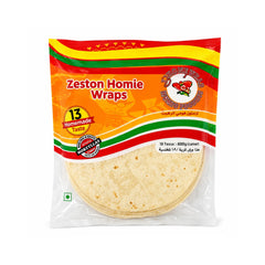 A package of Zeston Homie Wraps, showing 18 tortillas inside a clear plastic bag with a vibrant orange, red, and green label.