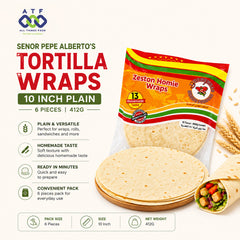 A packaged food product display for Senor Pepe Alberto's Tortilla Wraps. The image shows a 10-inch plain tortilla wrap package, a stack of round plain tortillas, a filled tortilla wrap, and marketing text on a clean off-white background.