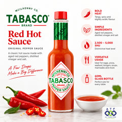 A bottle of McIlhenny Co. Tabasco Brand Red Hot Sauce centered, with red chili peppers, sliced chilies, and a small bowl of sauce used as styling props.