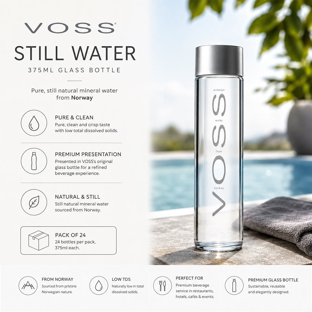 A clear glass water bottle with a silver cap and vertical VOSS branding, shown on a stone surface beside a folded gray towel. The left side includes marketing text and icons for still water, purity, premium presentation, natural quality, and pack of 24.