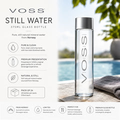 A clear glass water bottle with a silver cap and vertical VOSS branding, shown on a stone surface beside a folded gray towel. The left side includes marketing text and icons for still water, purity, premium presentation, natural quality, and pack of 24.