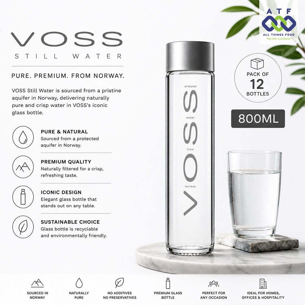 VOSS Still Water 800ml glass bottle and a matching glass of water on a marble surface, with product text, feature icons, and an ATP All Purpose Pool certification