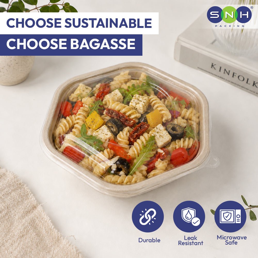 Bagasse Hexagon Containers with PET Lids 750ML 1000ML - SNH Packing