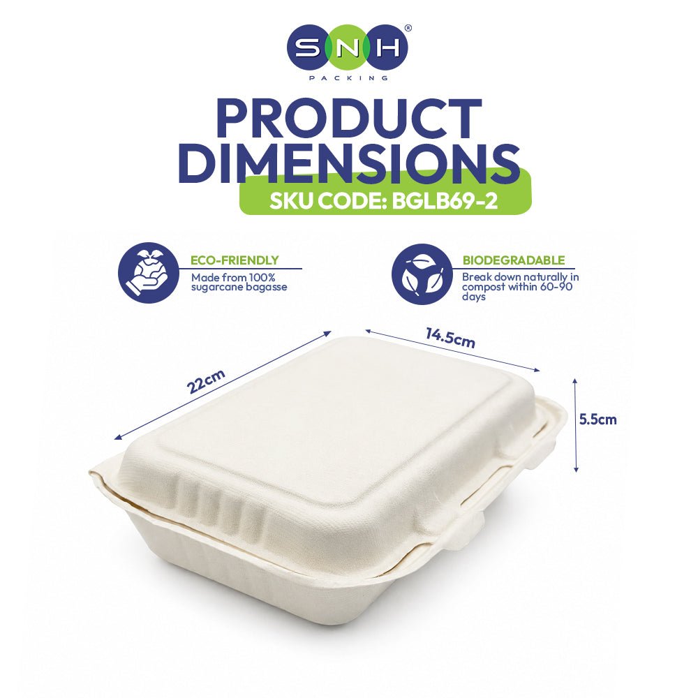 Bagasse Lunch Boxes 5x7 to 9 Inch Biodegradable Food Boxes - SNH Packing