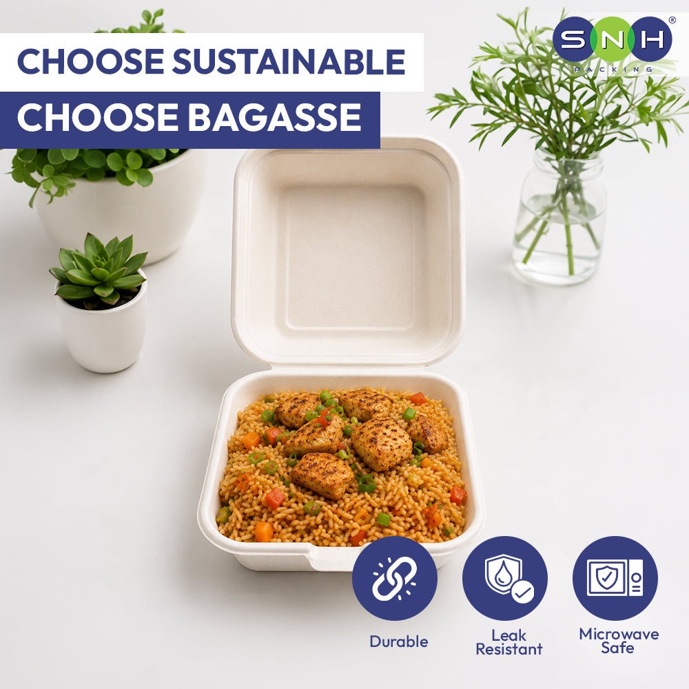 Bagasse Lunch Boxes 5x7 to 9 Inch Biodegradable Food Boxes - SNH Packing
