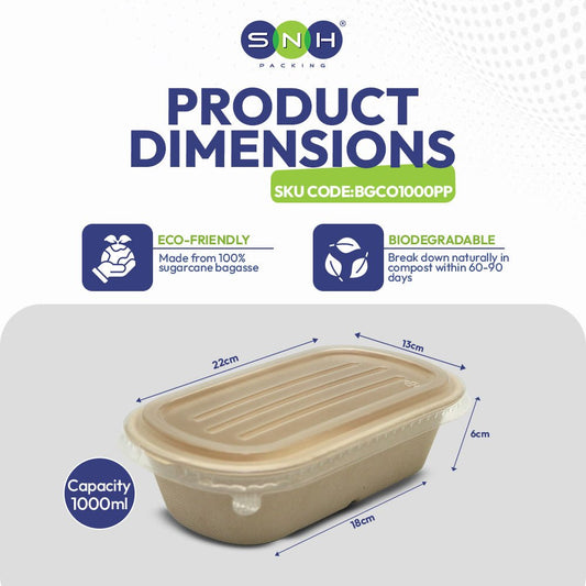 Bagasse Oval Container 1000ml with PP Lid - 500 Pieces | Wholesale Disposable Food Container UAE - SNH Packing