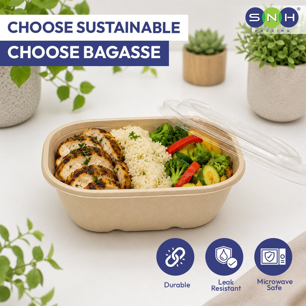 Bagasse Oval Containers with PET Lids Eco Friendly Takeaway Boxes - SNH Packing
