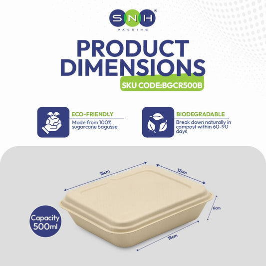 Bagasse Rectangular Container 500ml with Bagasse Lid – 500 Pieces | Wholesale Eco-Friendly Food Container UAE - SNH Packing