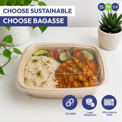 Biodegradable food container with a meal on a white surface, featuring the SNH brand.