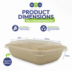 SNH Packaging product dimensions with a beige container, showing eco-friendly and biodegradable features.