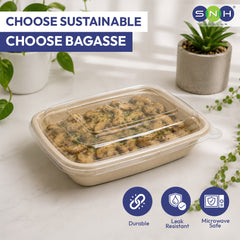 Biodegradable food container with food inside, surrounded by plants on a light surface.