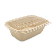 Beige compostable food container with lid on a white background