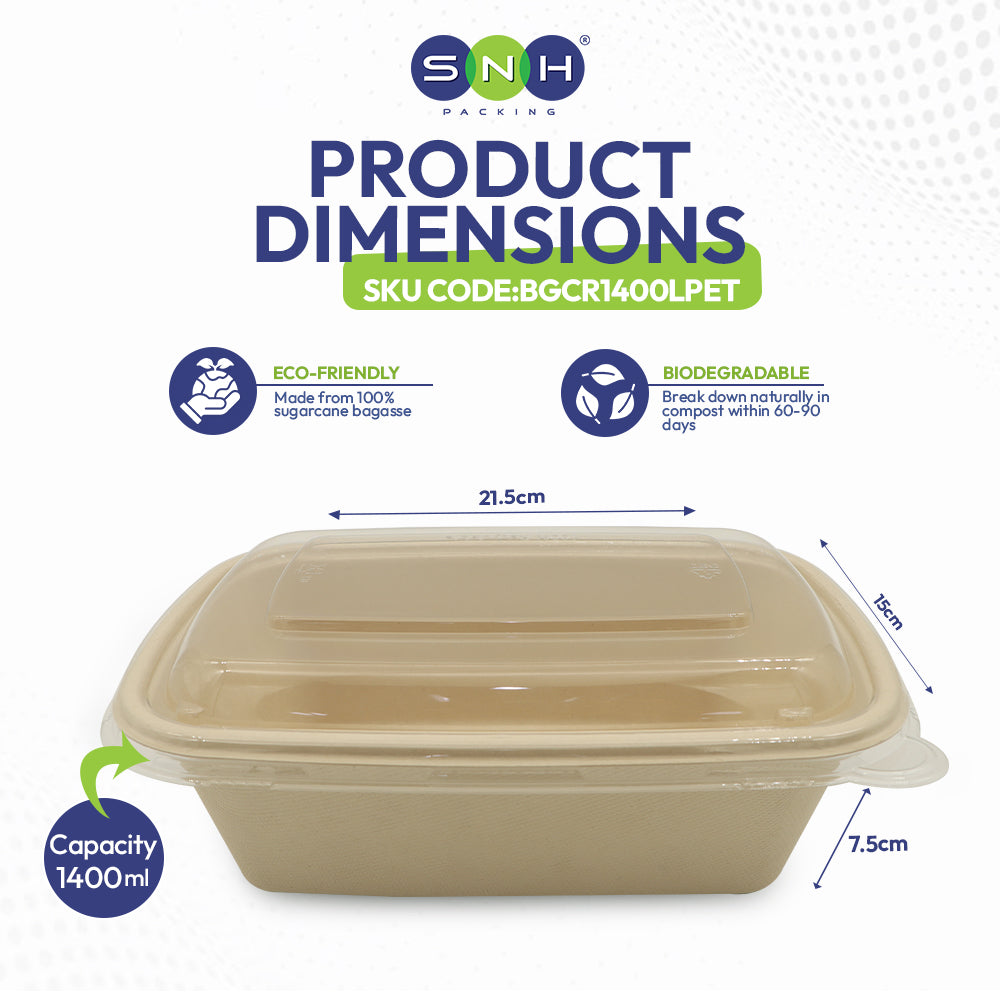 Beige food container with dimensions and eco-friendly features on a white background