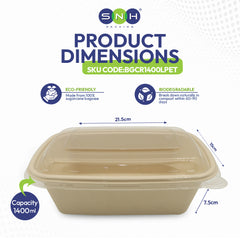 Beige food container with dimensions and eco-friendly features on a white background