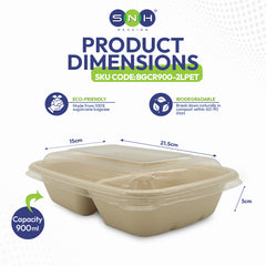 Beige food container with dimensions and eco-friendly features on a white background
