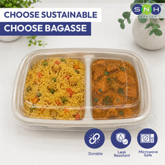 Two compartments of food in a bagasse container with 'Choose Sustainable, Choose Bagasse' text and SNH logo.