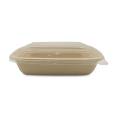 Beige ceramic baking dish with lid on a white background