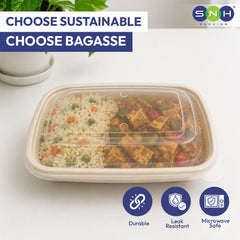 Biodegradable food container with food inside, labeled 'Choose Sustainable Choose Bagasse' by SNH Packaging.