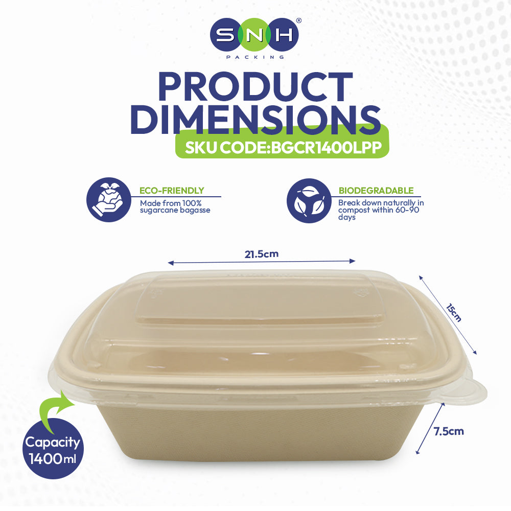 Eco-friendly food container with dimensions and certification logos on a white background