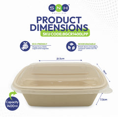 Eco-friendly food container with dimensions and certification logos on a white background