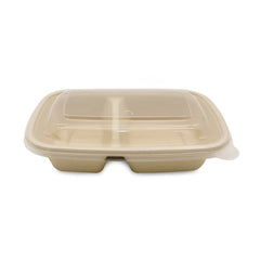 Beige compostable food container on a white background