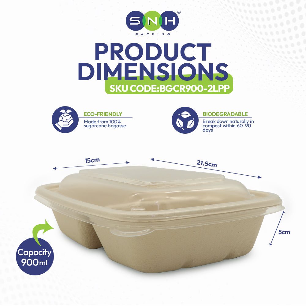 Biodegradable food container with dimensions and eco-friendly features on a white background