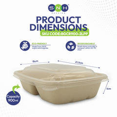 Biodegradable food container with dimensions and eco-friendly features on a white background