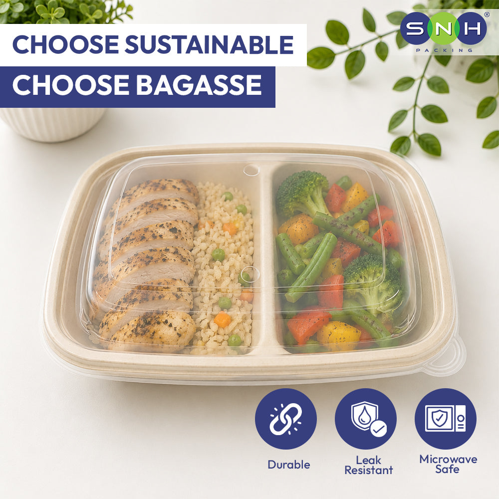 Biodegradable food container with compartments of food, surrounded by green leaves and SNH branding.