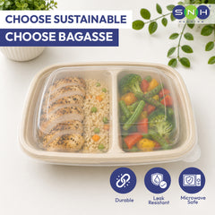 Biodegradable food container with compartments of food, surrounded by green leaves and SNH branding.